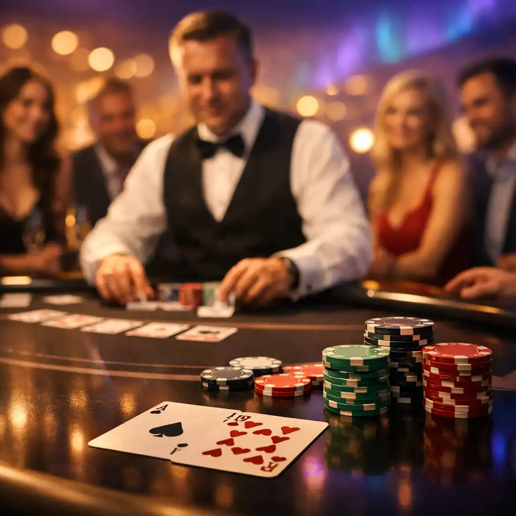 Profesjonalny stół pokerowy z krupierem i gośćmi